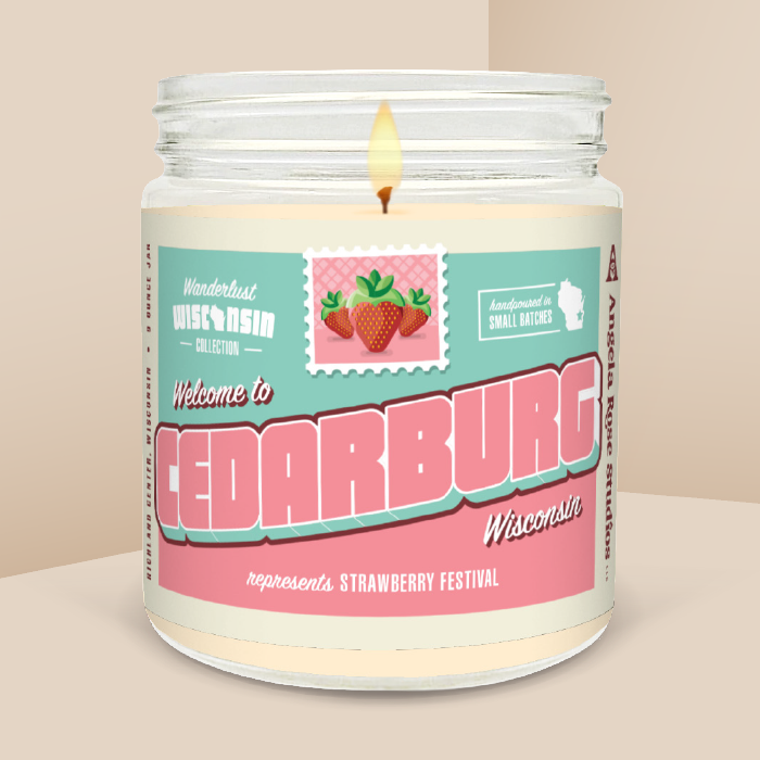 Cedarburg soy candle in a 9 oz glass jar, from the Wanderlust Wisconsin Collection by Angela Rose Studios.