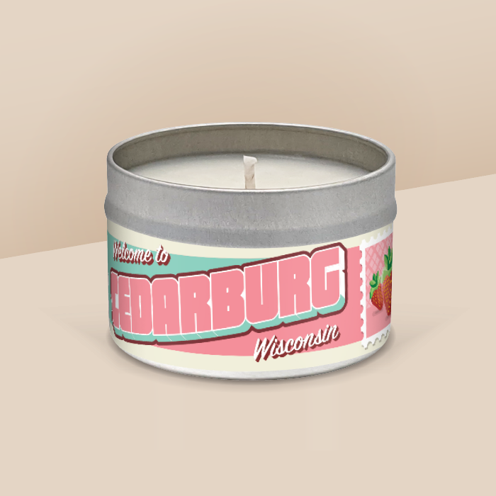 Cedarburg soy candle in a 8 oz travel tin, from the Wanderlust Wisconsin Collection by Angela Rose Studios.