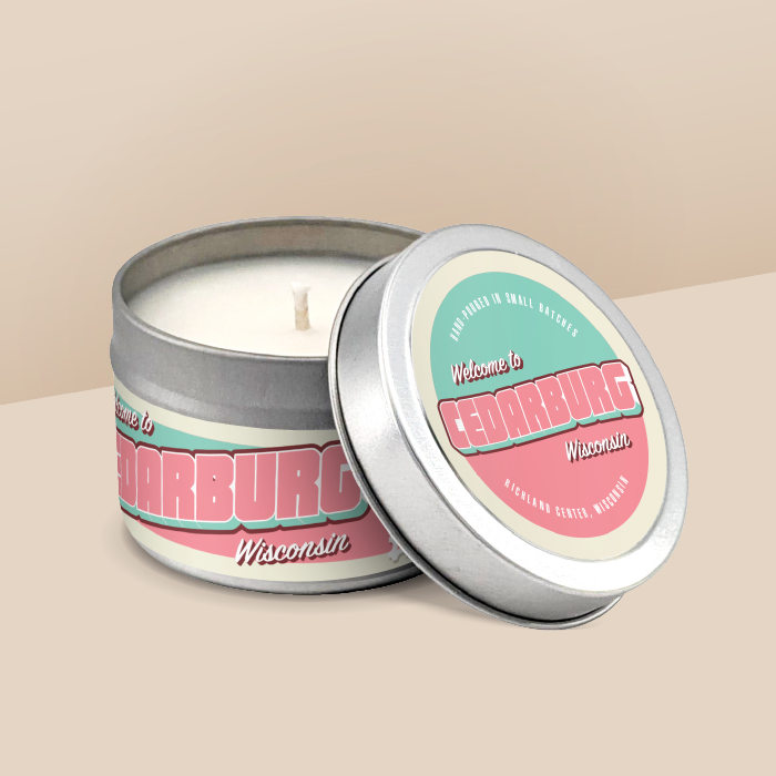 Cedarburg soy candle in a 4 oz travel tin, from the Wanderlust Wisconsin Collection by Angela Rose Studios.