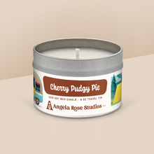 Load image into Gallery viewer, Cherry Pudgy Pie soy candle in a 8 oz travel tin, from the Wisconsin Camping Collection by Angela Rose Studios.