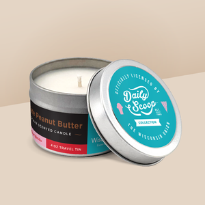 Chocolate Peanut Butter soy candle in a 4 oz travel tin, from the Daily Scoop Collection by Angela Rose Studios. An officially licensed product, made in collaboration with the Wisconsin Union.