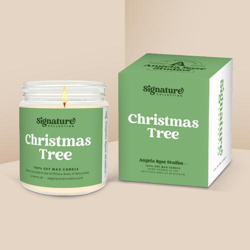 Christmas Tree soy candle in a 9 oz glass jar with packaging box, from the Signature Collection by Angela Rose Studios.