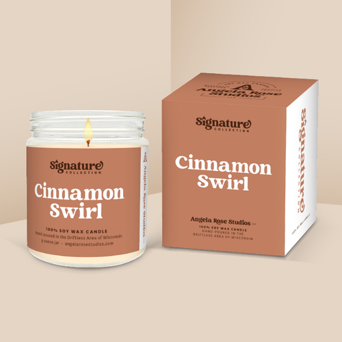Cinnamon Swirl soy candle in a 9 oz glass jar with packaging box, from the Signature Collection by Angela Rose Studios.