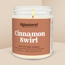 Load image into Gallery viewer, Cinnamon Swirl soy candle in a 9 oz glass jar, from the Signature Collection by Angela Rose Studios.