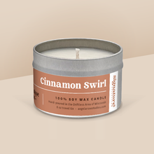 Load image into Gallery viewer, Cinnamon Swirl soy candle in a 8 oz travel tin, from the Signature Collection by Angela Rose Studios.