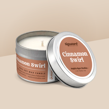 Load image into Gallery viewer, Cinnamon Swirl soy candle in a 4 oz travel tin, from the Signature Collection by Angela Rose Studios.