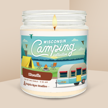 Load image into Gallery viewer, Citronella soy candle in a 9 oz glass jar, from the Wisconsin Camping Collection by Angela Rose Studios.