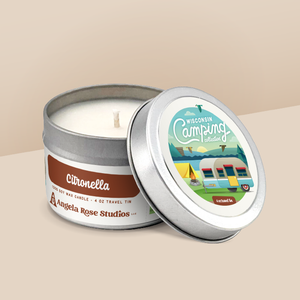 Citronella soy candle in a 4 oz travel tin, from the Wisconsin Camping Collection by Angela Rose Studios.