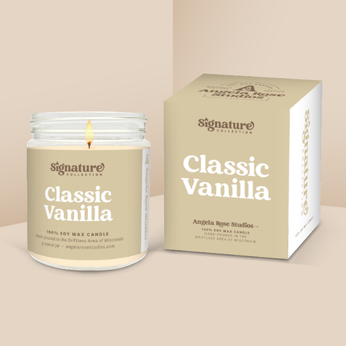 Classic Vanilla soy candle in a 9 oz glass jar with packaging box, from the Signature Collection by Angela Rose Studios.