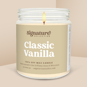 Classic Vanilla soy candle in a 9 oz glass jar, from the Signature Collection by Angela Rose Studios.