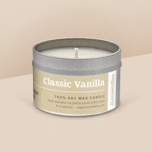 Load image into Gallery viewer, Classic Vanilla soy candle in a 8 oz travel tin, from the Signature Collection by Angela Rose Studios.