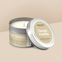 Load image into Gallery viewer, Classic Vanilla soy candle in a 4 oz travel tin, from the Signature Collection by Angela Rose Studios.