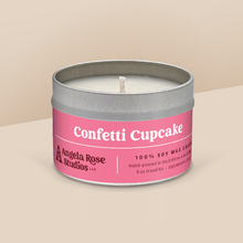 Load image into Gallery viewer, Confetti Cupcake soy candle in a 8 oz travel tin, from the Signature Collection by Angela Rose Studios.