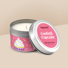 Load image into Gallery viewer, Confetti Cupcake soy candle in a 4 oz travel tin, from the Signature Collection by Angela Rose Studios.