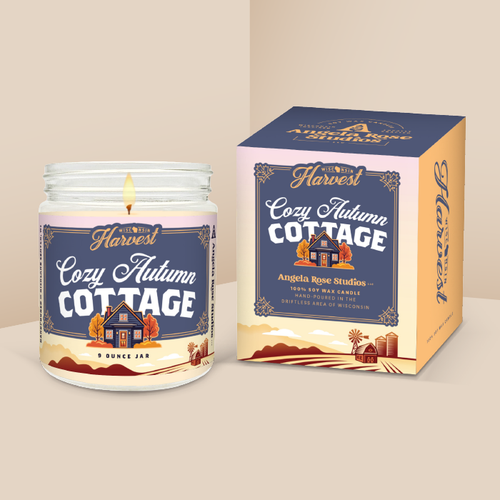 Cozy Autumn Cottage soy candle in a 9 oz glass jar with packaging box, from the Wisconsin Harvest Collection by Angela Rose Studios.