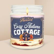 Load image into Gallery viewer, Cozy Autumn Cottage soy candle in a 9 oz glass jar, from the Wisconsin Harvest Collection by Angela Rose Studios.
