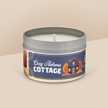 Load image into Gallery viewer, Cozy Autumn Cottage soy candle in a 8 oz travel tin, from the Wisconsin Harvest Collection by Angela Rose Studios.