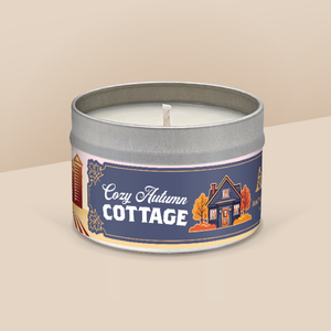 Cozy Autumn Cottage soy candle in a 8 oz travel tin, from the Wisconsin Harvest Collection by Angela Rose Studios.