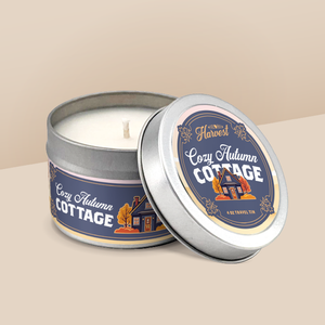 Cozy Autumn Cottage soy candle in a 4 oz travel tin, from the Wisconsin Harvest Collection by Angela Rose Studios.
