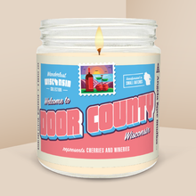 Load image into Gallery viewer, Door County soy candle in a 9 oz glass jar, from the Wanderlust Wisconsin Collection by Angela Rose Studios.