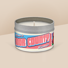 Load image into Gallery viewer, Door County soy candle in a 8 oz travel tin, from the Wanderlust Wisconsin Collection by Angela Rose Studios.