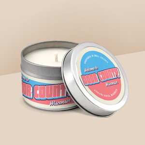 Door County soy candle in a 4 oz travel tin, from the Wanderlust Wisconsin Collection by Angela Rose Studios.