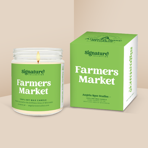 Farmers Market soy candle in a 9 oz glass jar with packaging box, from the Signature Collection by Angela Rose Studios.