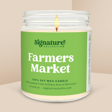 Load image into Gallery viewer, Farmers Market soy candle in a 9 oz glass jar, from the Signature Collection by Angela Rose Studios.