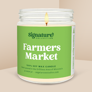 Farmers Market soy candle in a 9 oz glass jar, from the Signature Collection by Angela Rose Studios.