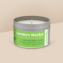 Load image into Gallery viewer, Farmers Market soy candle in a 8 oz travel tin, from the Signature Collection by Angela Rose Studios.