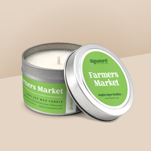 Load image into Gallery viewer, Farmers Market soy candle in a 4 oz travel tin, from the Signature Collection by Angela Rose Studios.