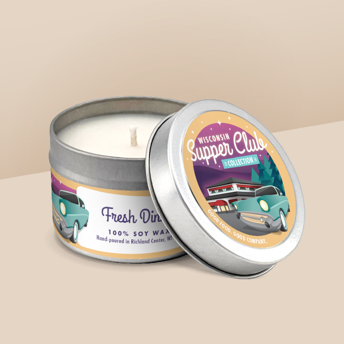 Fresh Dinner Rolls soy candle in a 4 oz travel tin, from the Wisconsin Supper Club Collection by Angela Rose Studios.