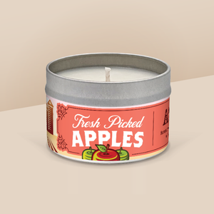 Fresh Picked Apples soy candle in a 8 oz travel tin, from the Wisconsin Harvest Collection by Angela Rose Studios.
