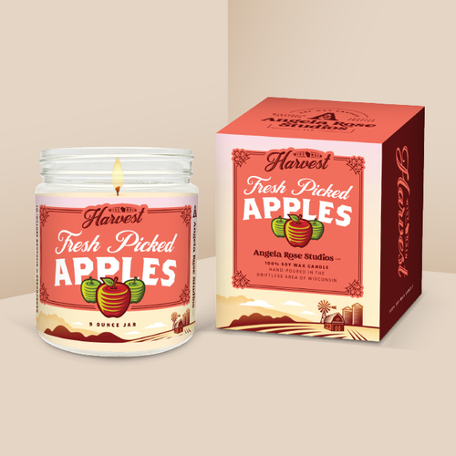 Fresh Picked Apples soy candle in a 9 oz glass jar with packaging box, from the Wisconsin Harvest Collection by Angela Rose Studios.