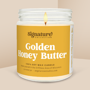 Golden Honey Butter soy candle in a 9 oz glass jar, from the Signature Collection by Angela Rose Studios.
