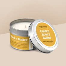 Load image into Gallery viewer, Golden Honey Butter soy candle in a 4 oz travel tin, from the Signature Collection by Angela Rose Studios.