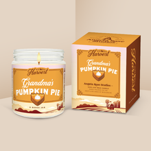 Load image into Gallery viewer, Grandma’s Pumpkin Pie soy candle in a 9 oz glass jar with packaging box, from the Wisconsin Harvest Collection by Angela Rose Studios.