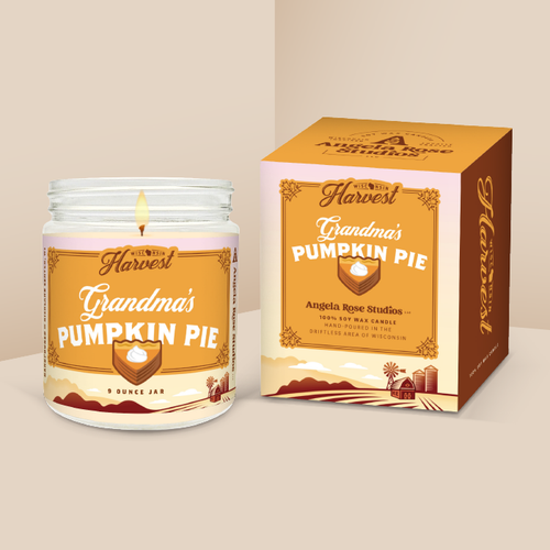 Grandma’s Pumpkin Pie soy candle in a 9 oz glass jar with packaging box, from the Wisconsin Harvest Collection by Angela Rose Studios.
