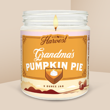 Load image into Gallery viewer, Grandma’s Pumpkin Pie soy candle in a 9 oz glass jar, from the Wisconsin Harvest Collection by Angela Rose Studios.