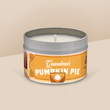 Load image into Gallery viewer, Grandma’s Pumpkin Pie soy candle in a 8 oz travel tin, from the Wisconsin Harvest Collection by Angela Rose Studios.