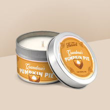 Load image into Gallery viewer, Grandma’s Pumpkin Pie soy candle in a 4 oz travel tin, from the Wisconsin Harvest Collection by Angela Rose Studios.