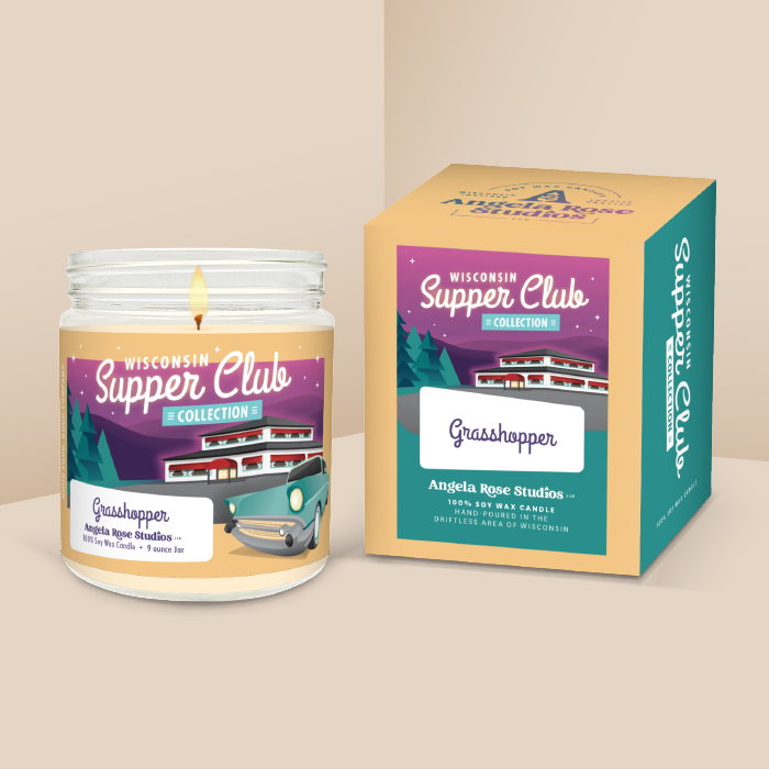 Grasshopper soy candle in a 9 oz glass jar with packaging box, from the Wisconsin Supper Club Collection by Angela Rose Studios.
