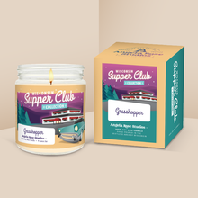 Load image into Gallery viewer, Grasshopper soy candle in a 9 oz glass jar with packaging box, from the Wisconsin Supper Club Collection by Angela Rose Studios.