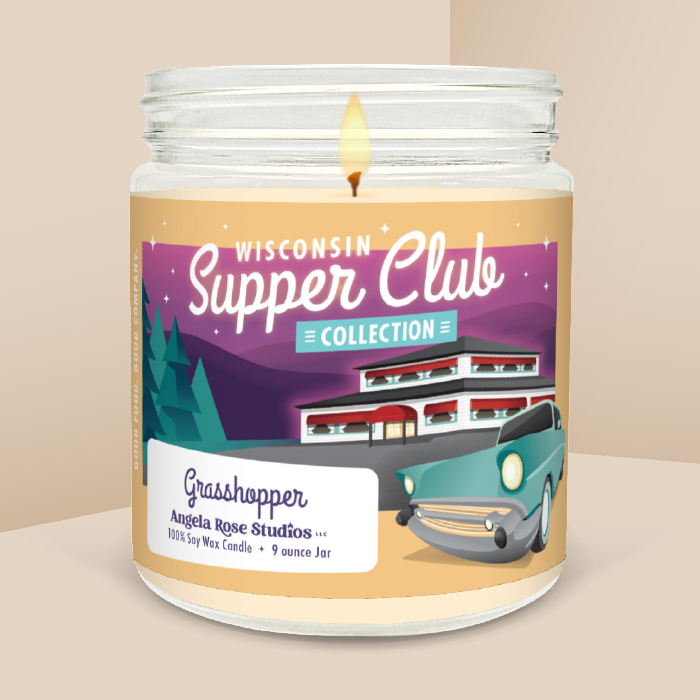 Grasshopper soy candle in a 9 oz glass jar, from the Wisconsin Supper Club Collection by Angela Rose Studios.