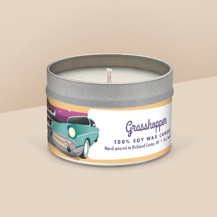 Grasshopper soy candle in a 8 oz travel tin, from the Wisconsin Supper Club Collection by Angela Rose Studios.