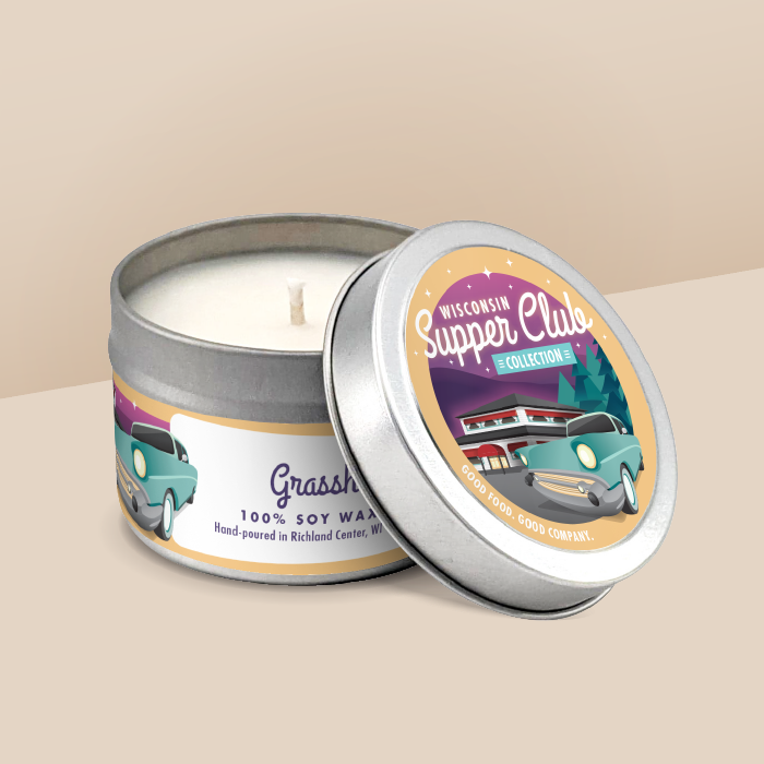 Grasshopper soy candle in a 4 oz travel tin, from the Wisconsin Supper Club Collection by Angela Rose Studios.