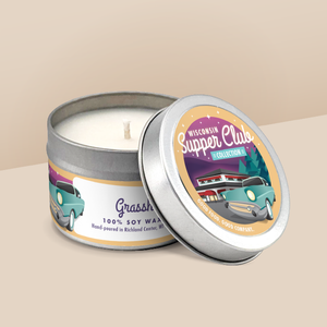 Grasshopper soy candle in a 4 oz travel tin, from the Wisconsin Supper Club Collection by Angela Rose Studios.
