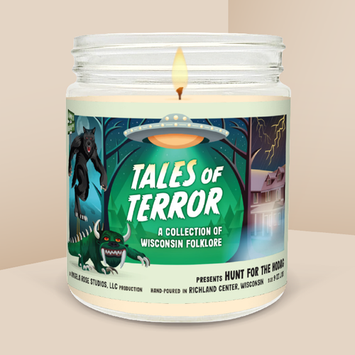 Hunt for the Hodag soy candle in a 9 oz glass jar, from Tales of Terror: A Collection of Wisconsin Folklore by Angela Rose Studios.