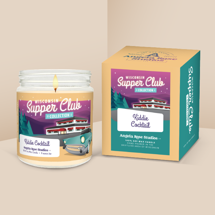 Kiddie Cocktail soy candle in a 9 oz glass jar with packaging box, from the Wisconsin Supper Club Collection by Angela Rose Studios.