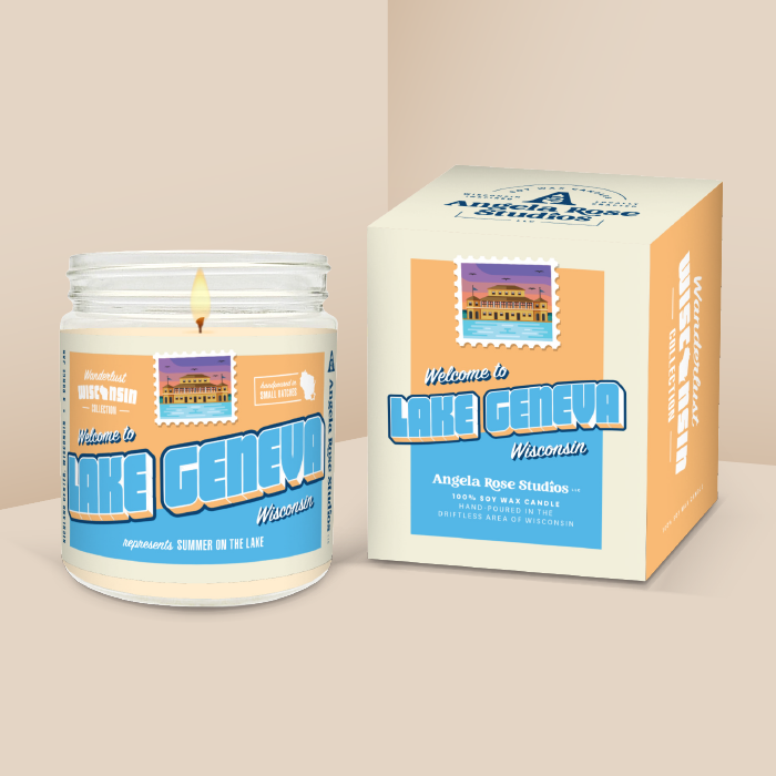 Lake Geneva soy candle in a 9 oz glass jar with packaging box, from the Wanderlust Wisconsin Collection by Angela Rose Studios.